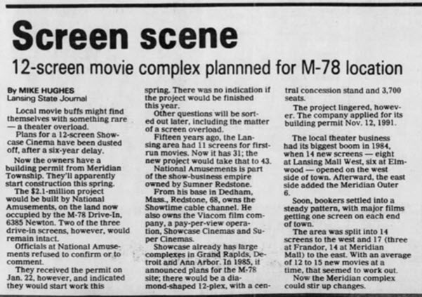M-78 Twin/Triple Drive-In Theatre - Jan 30 1992 Article